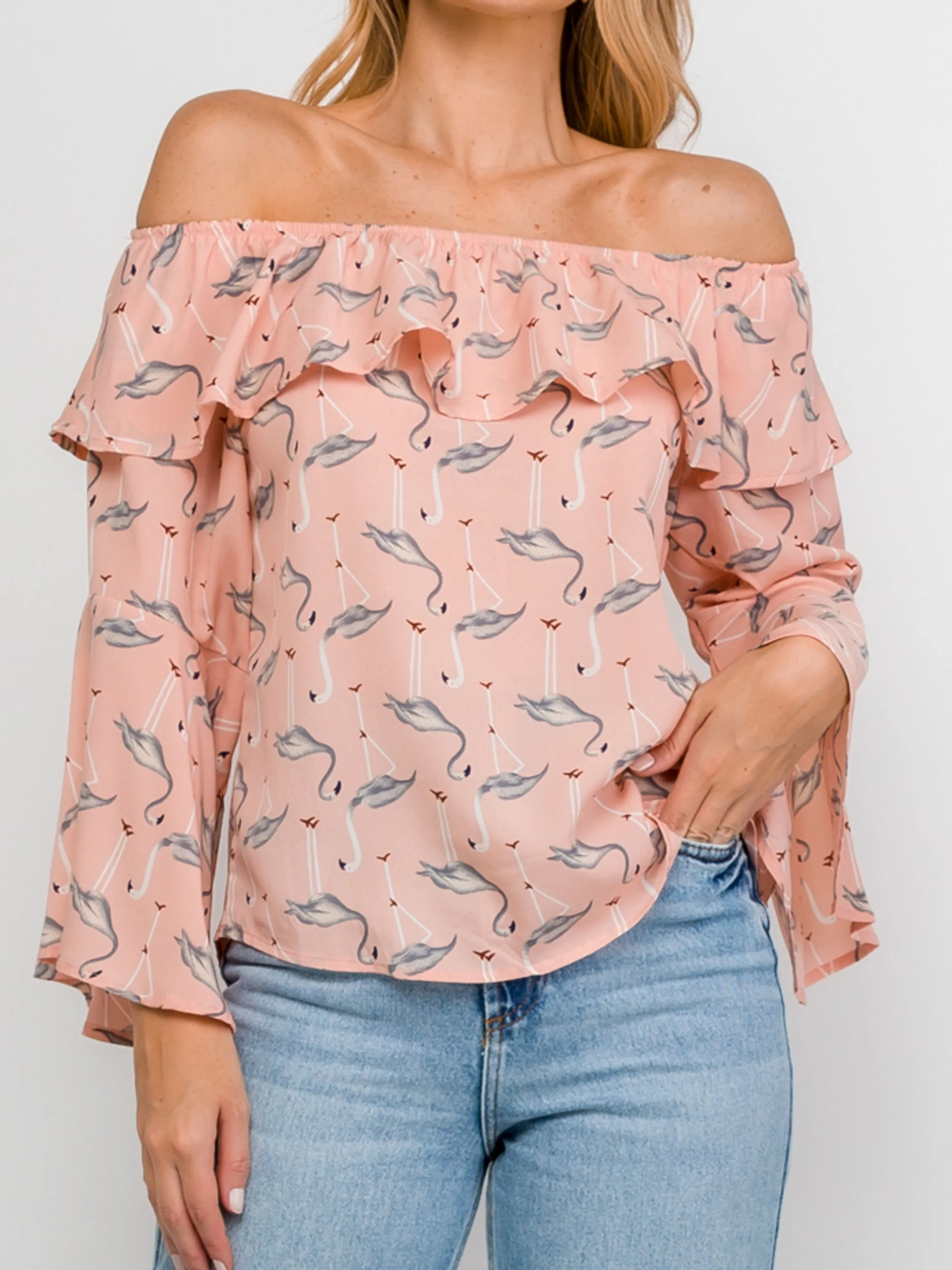 Blusa Feminina Ombro a Ombro com Manga Estampa de Flamingo W8623