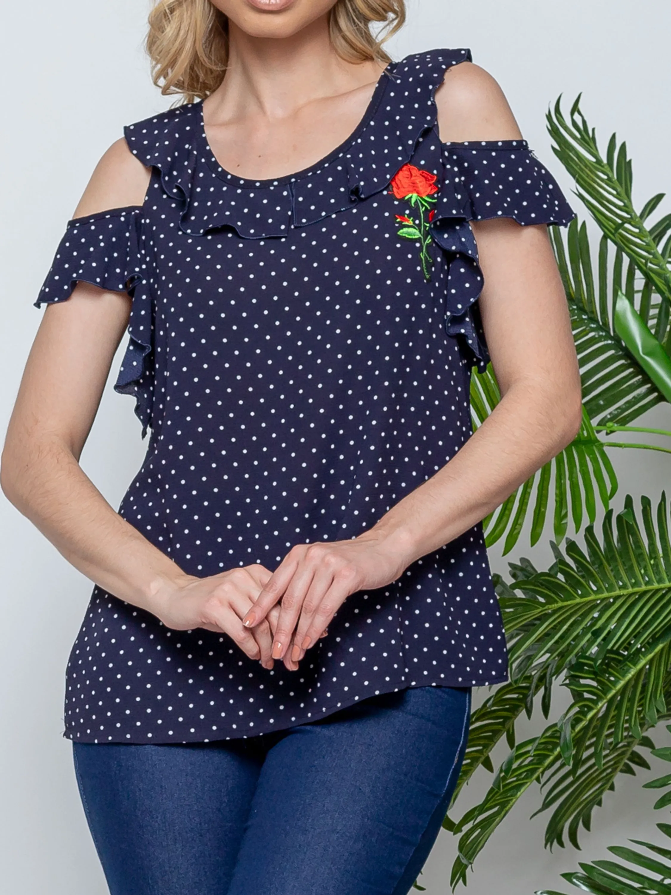 Blusa Feminina Poa Manga Curta com Flor