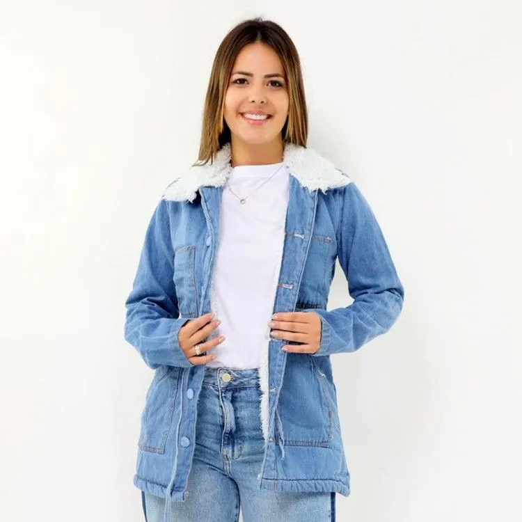 Parka jeans forrada com botão sem capuz