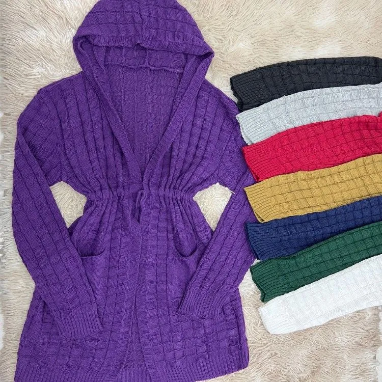 Cardigan trico com capuz com bolso