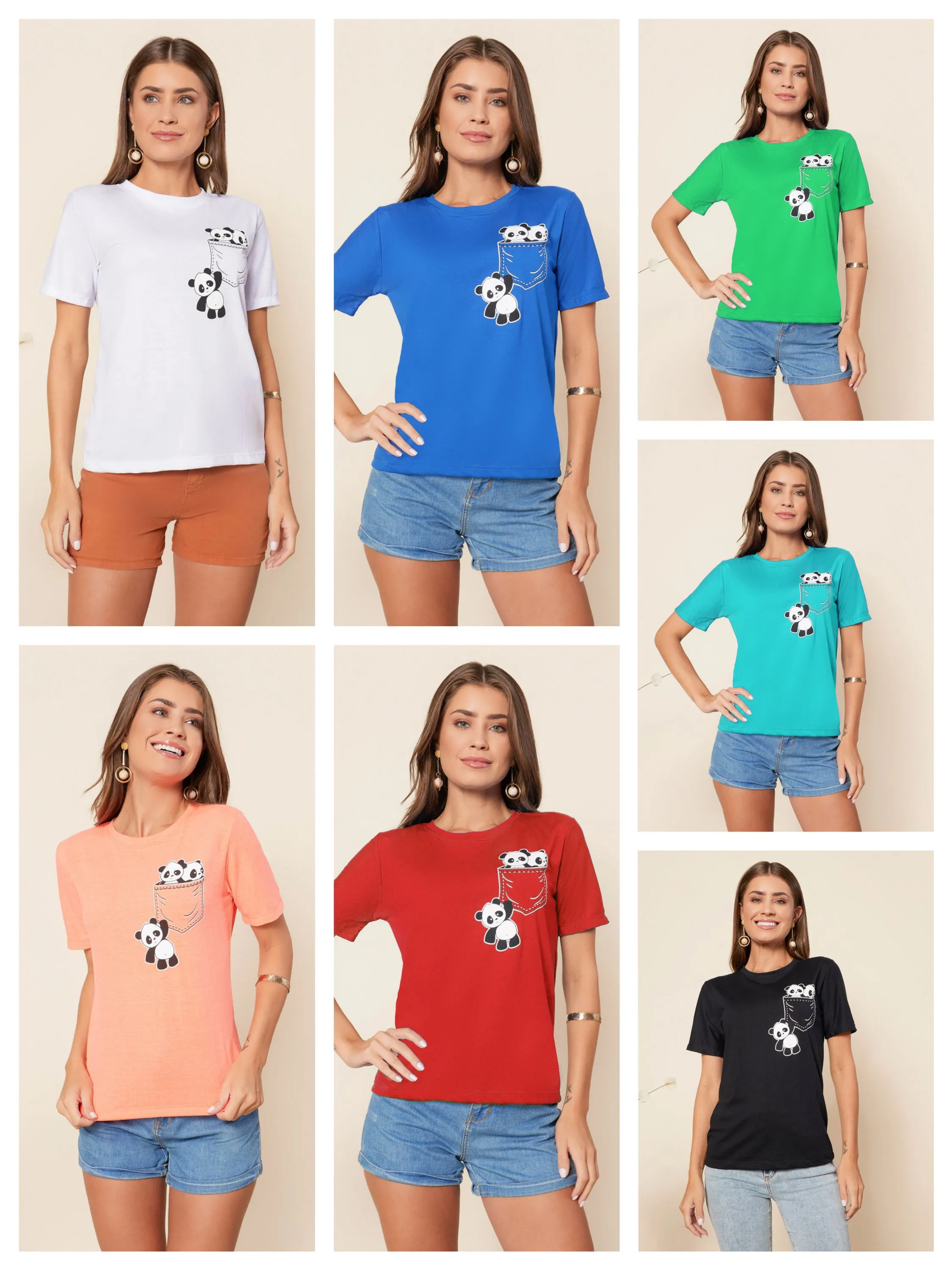 Nova Coleção Blusa T-shirt Camiseta Feminina 100% Algodão Panda Bolso