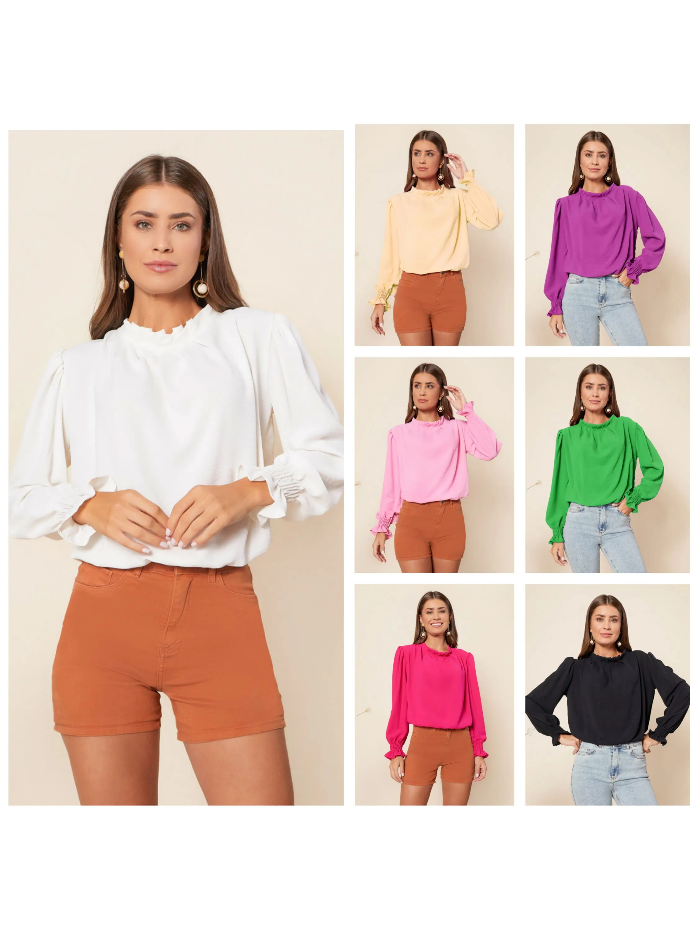 Blusa feminina lisa tecido crepe duna manga longa detalhes na gola