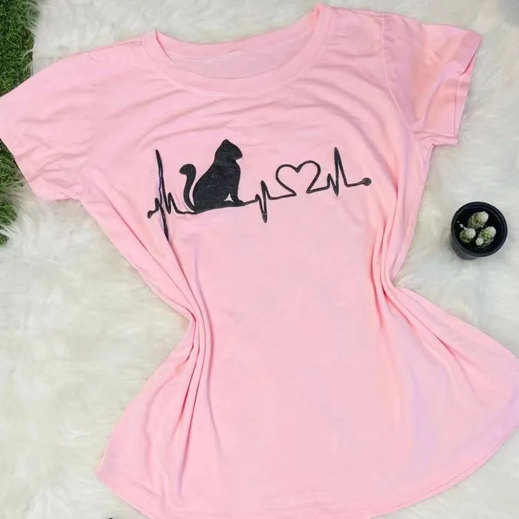 Blusa T-shirt Camiseta Feminina Estampa Auto Relevo Gato Luli Fashion