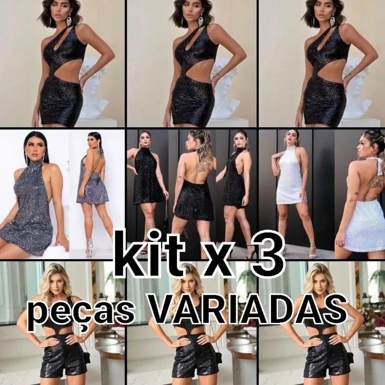 Kit de 3 Vestidos Conjuntos Macaquinhos Paete