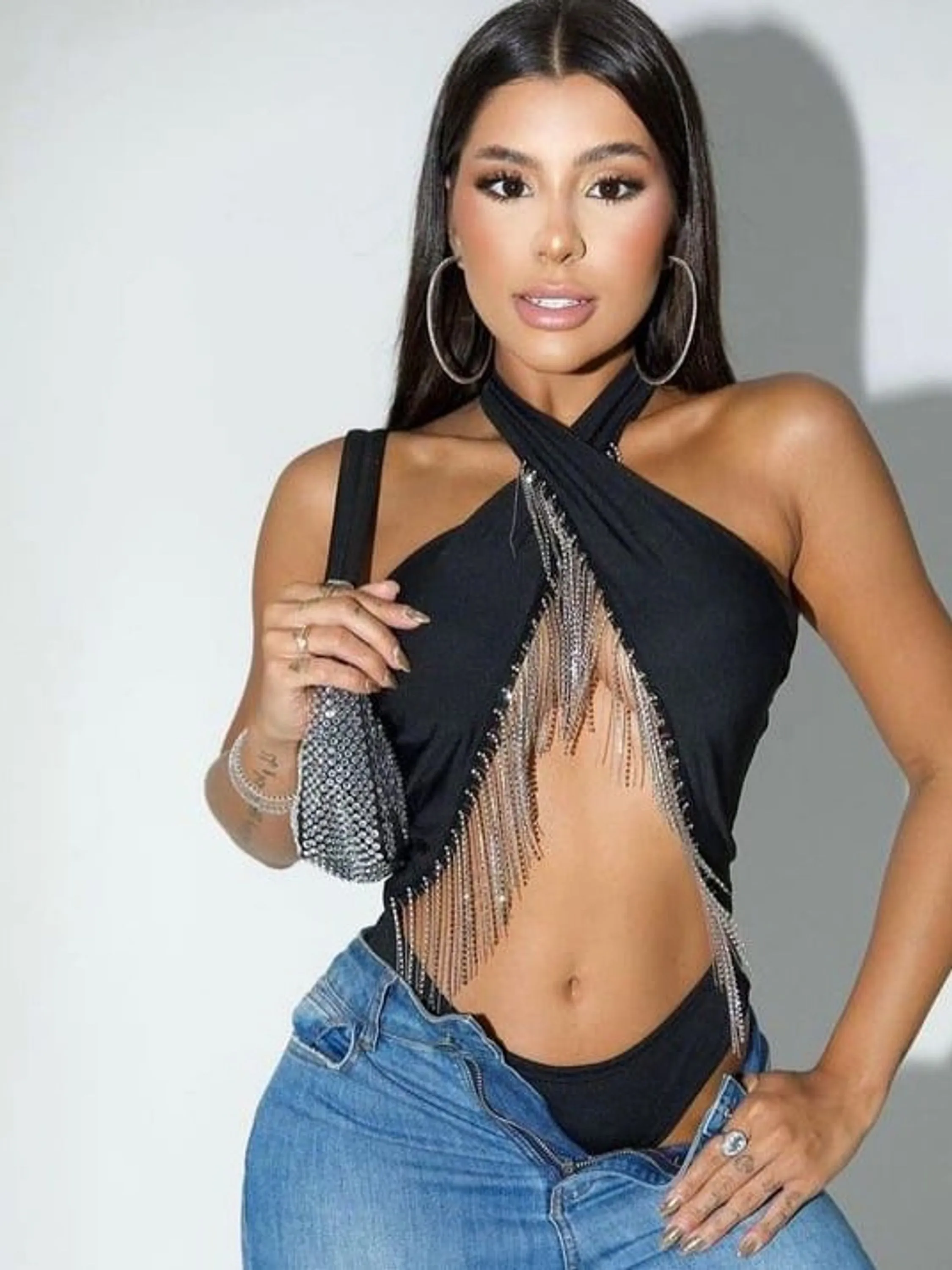 Body Cruzado com Franjas de strass Brilho Festa