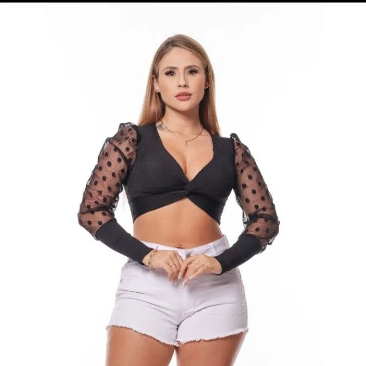 REF 569 CROPPED FEMININA CANELADO COM TULE