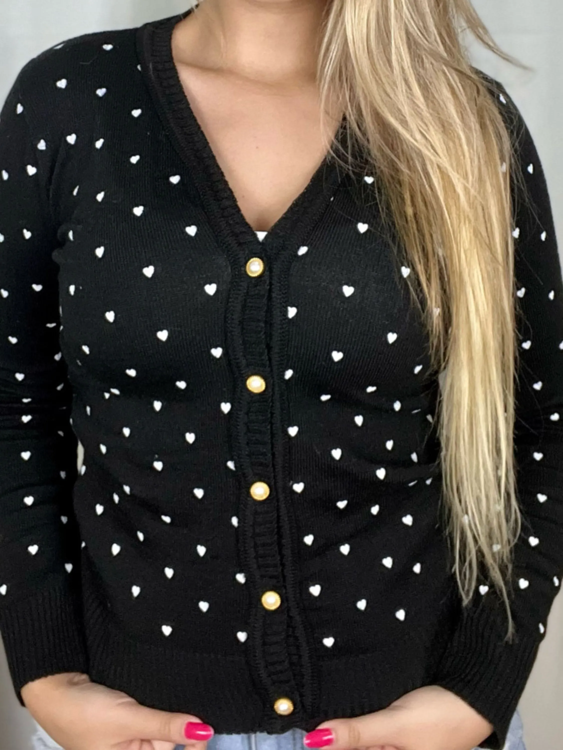 Blusa De Frio Feminina cardigan linha com botão , Padrão em forma de coração