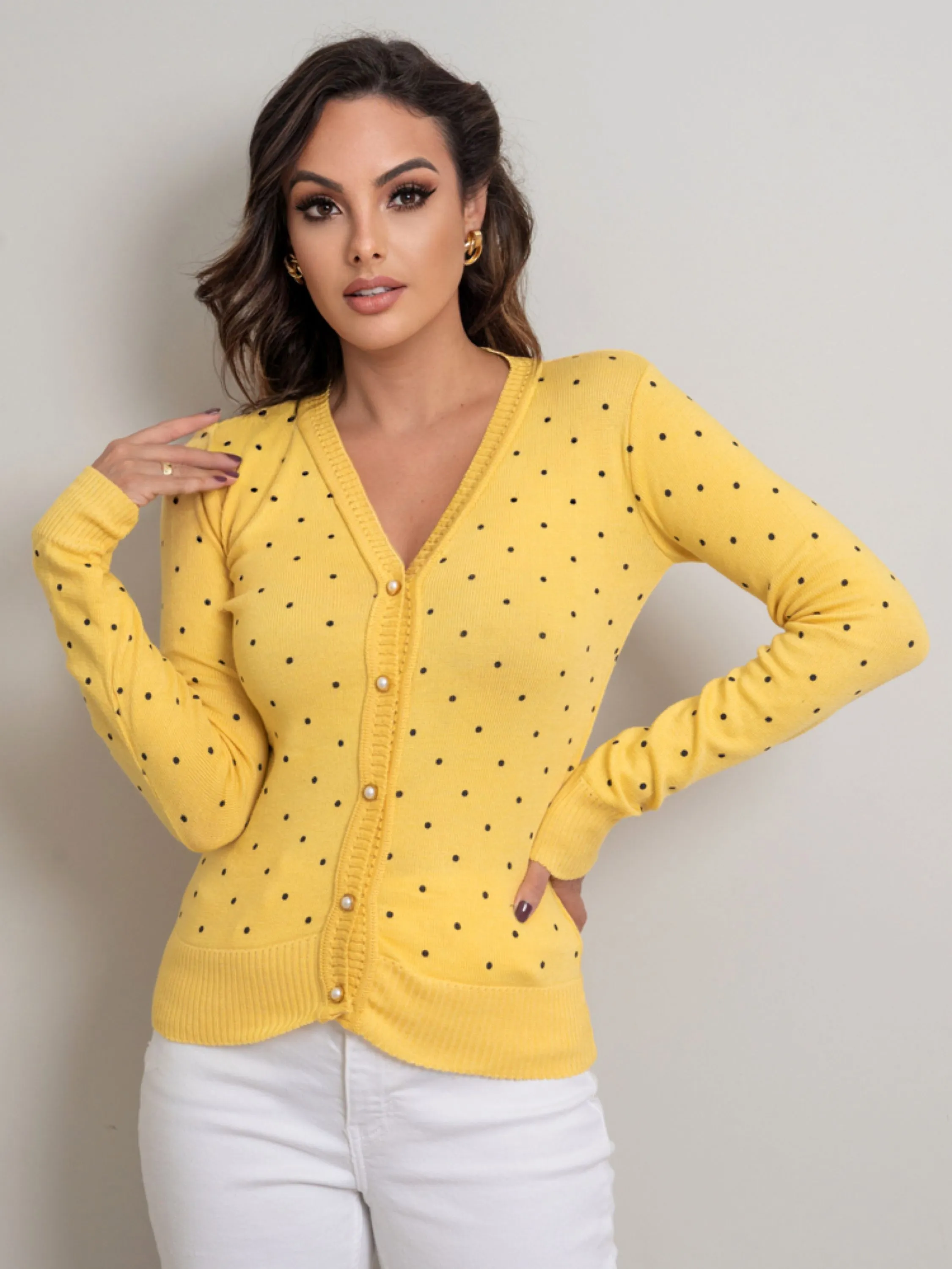 Blusa De Frio Feminina cardigan linha com botão , Padrão em forma de Bolinha