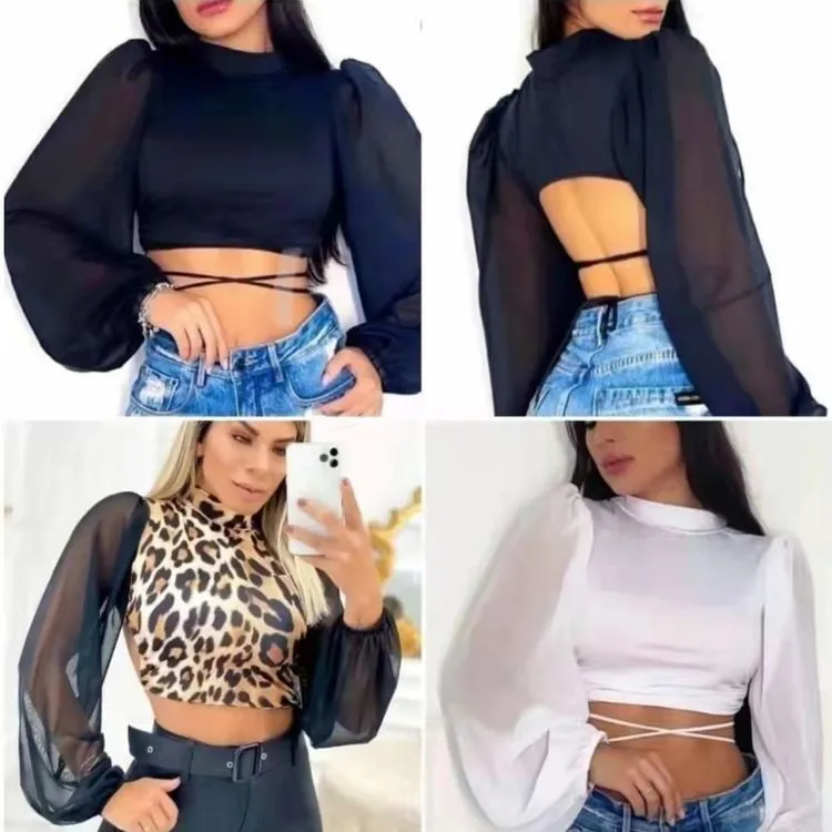 Blusa cropped com bojo manga longa tecido estica Maya modas