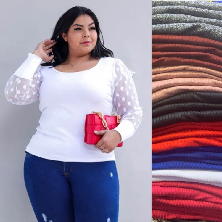 Plussize Blusa manga longa tecido canelada estica Maya modas