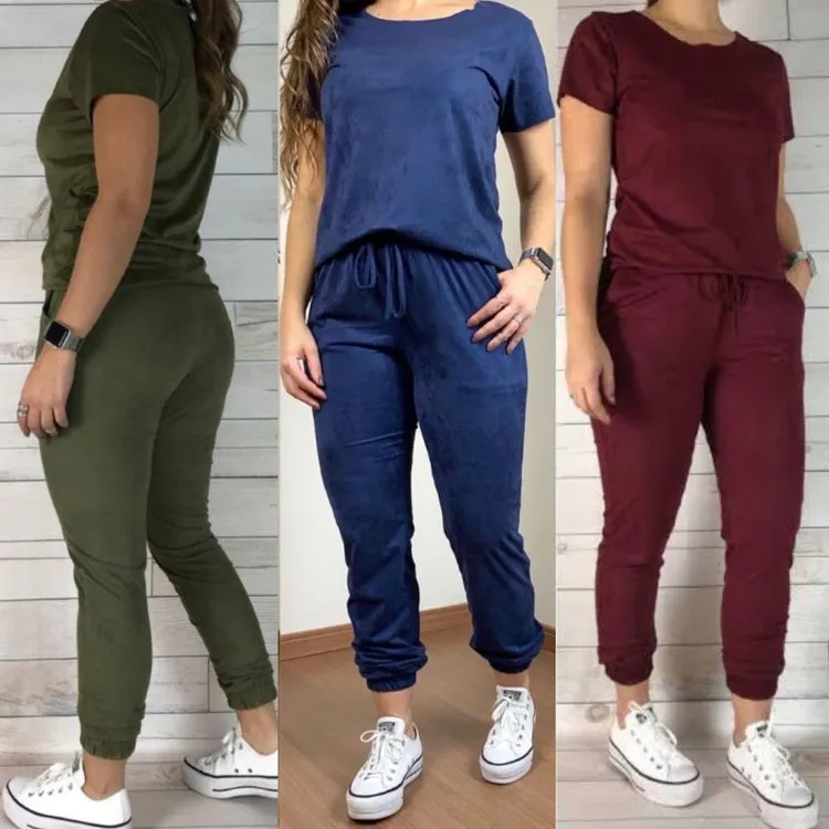 Conjunto suéde feminina manga curta calça jogger com bolso Maya Modas