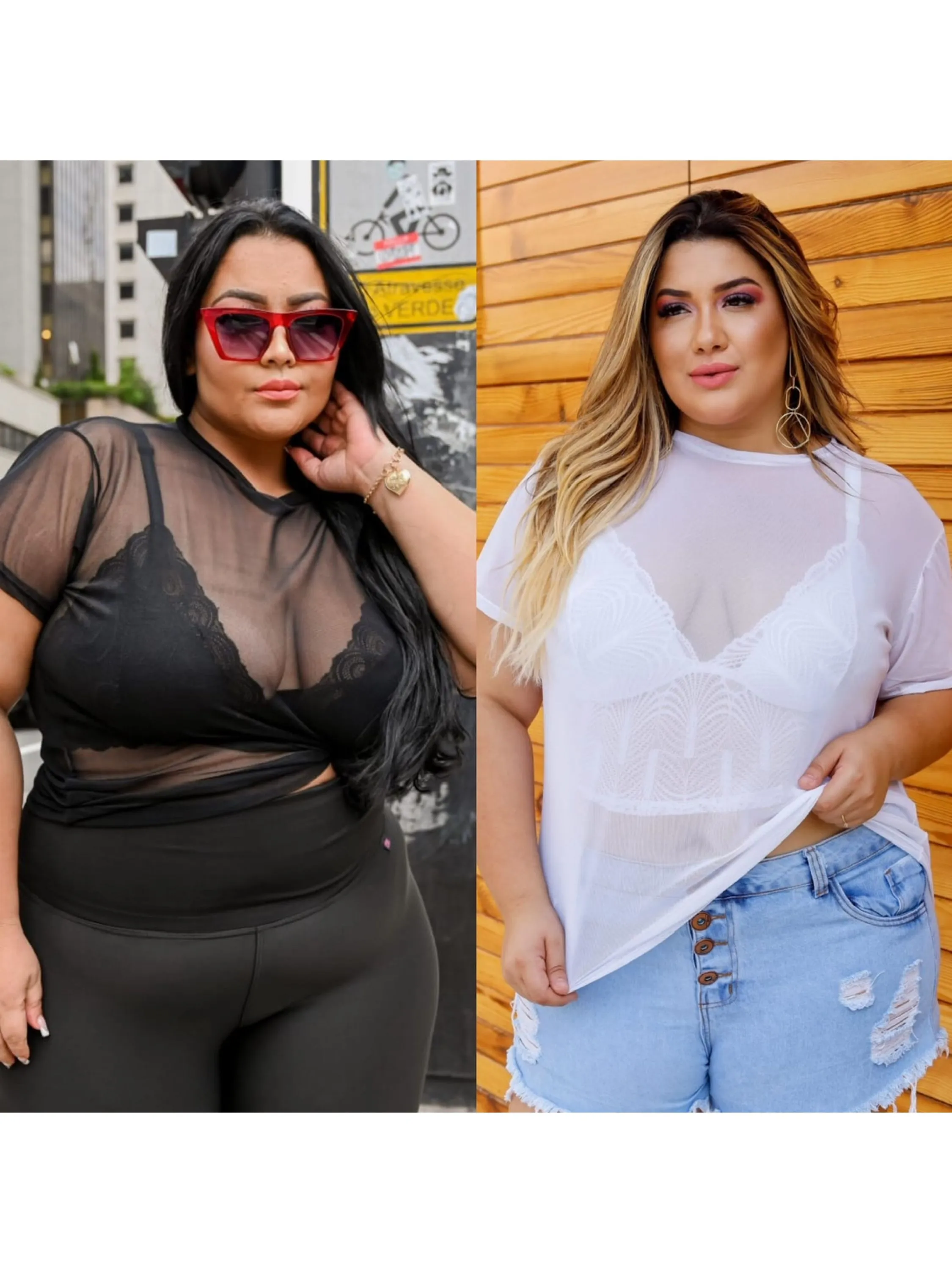 PLUS SIZE Blusa de tule manga curta lisa