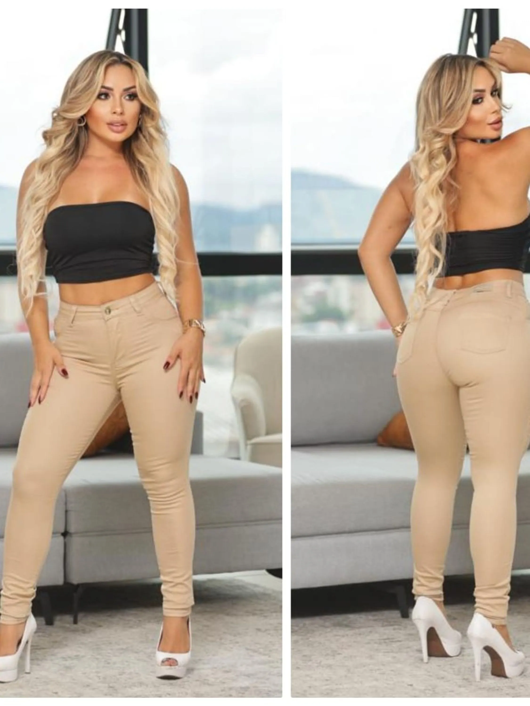 Calça de sarja feminina cor creme perolado do 36 ao 46