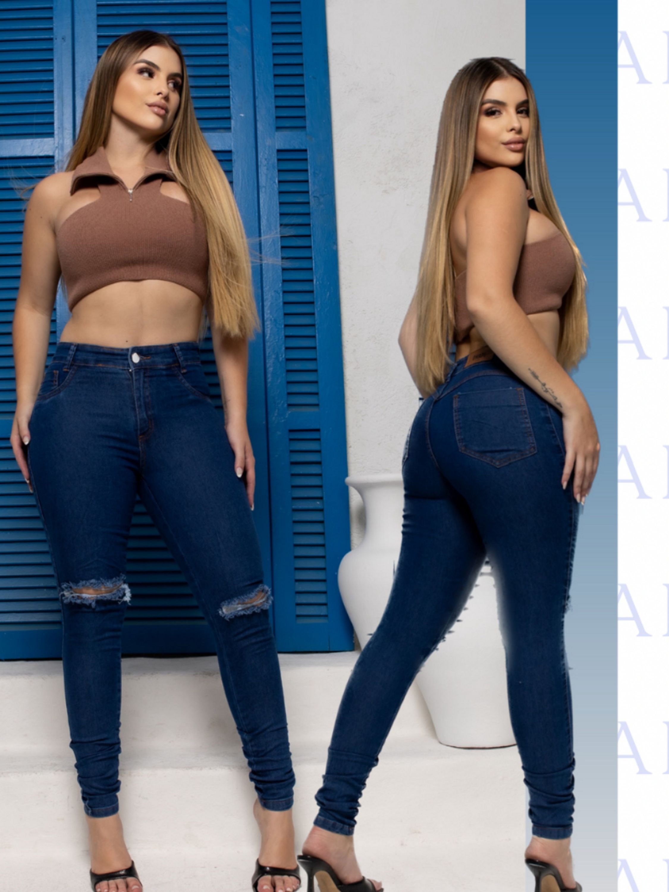 Calça jeans feminina Skinny básica rasgo nos joelhos ,boa bonita e barato