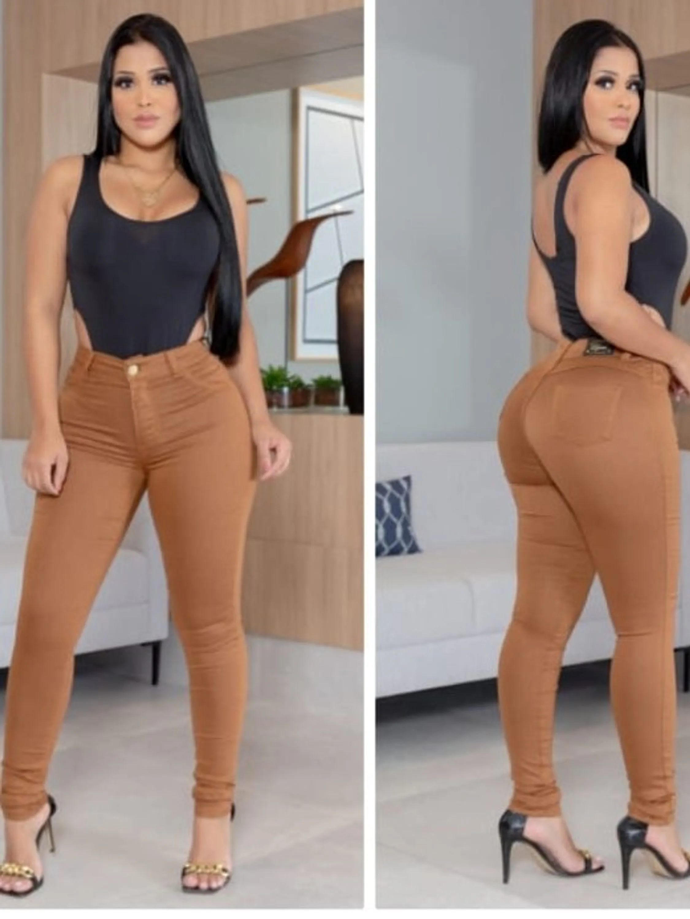 Calça de sarja feminina Skinny cor caramelo