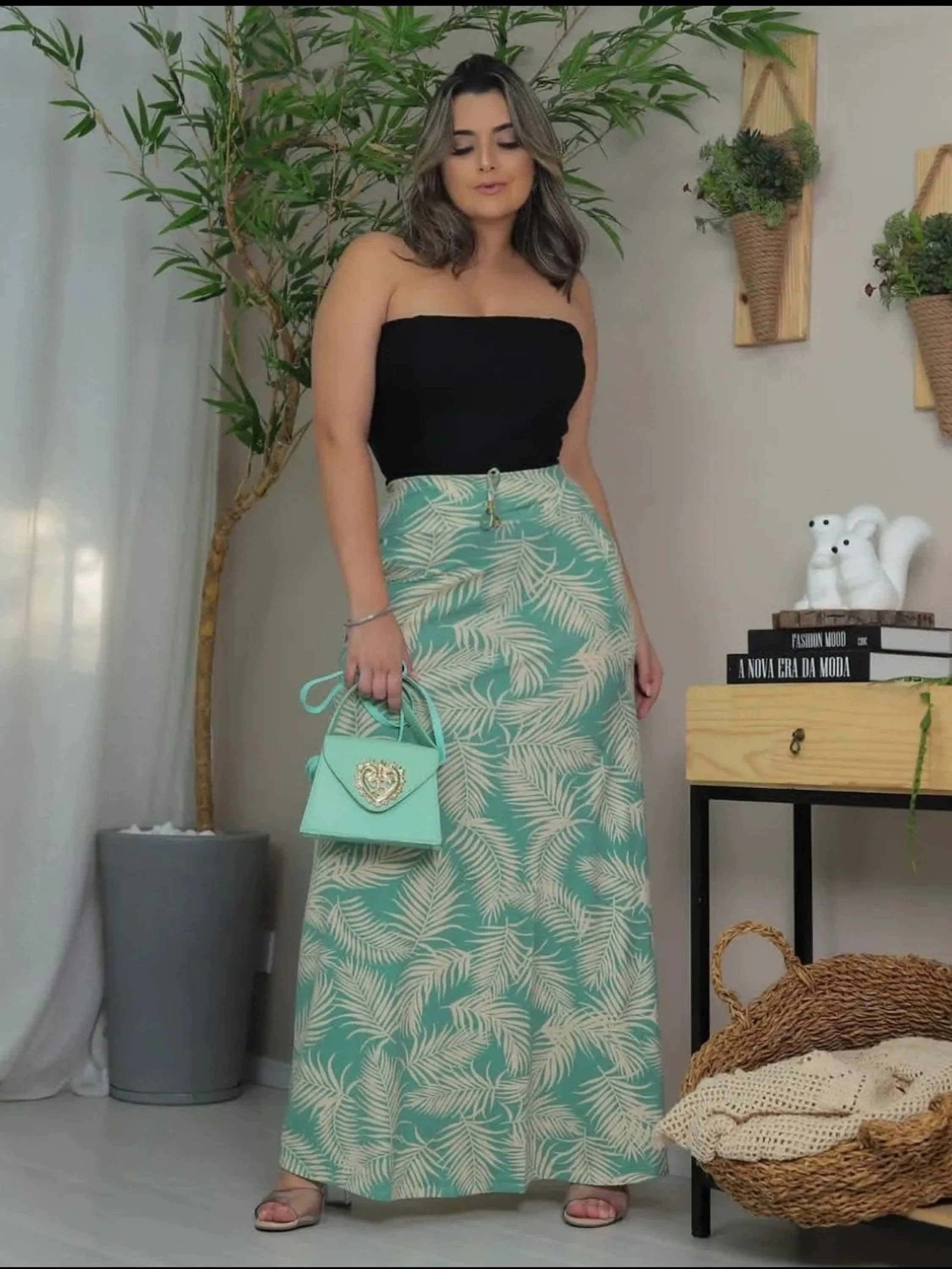 Saia longa Estampado com Bolsos contem elastano moda verão