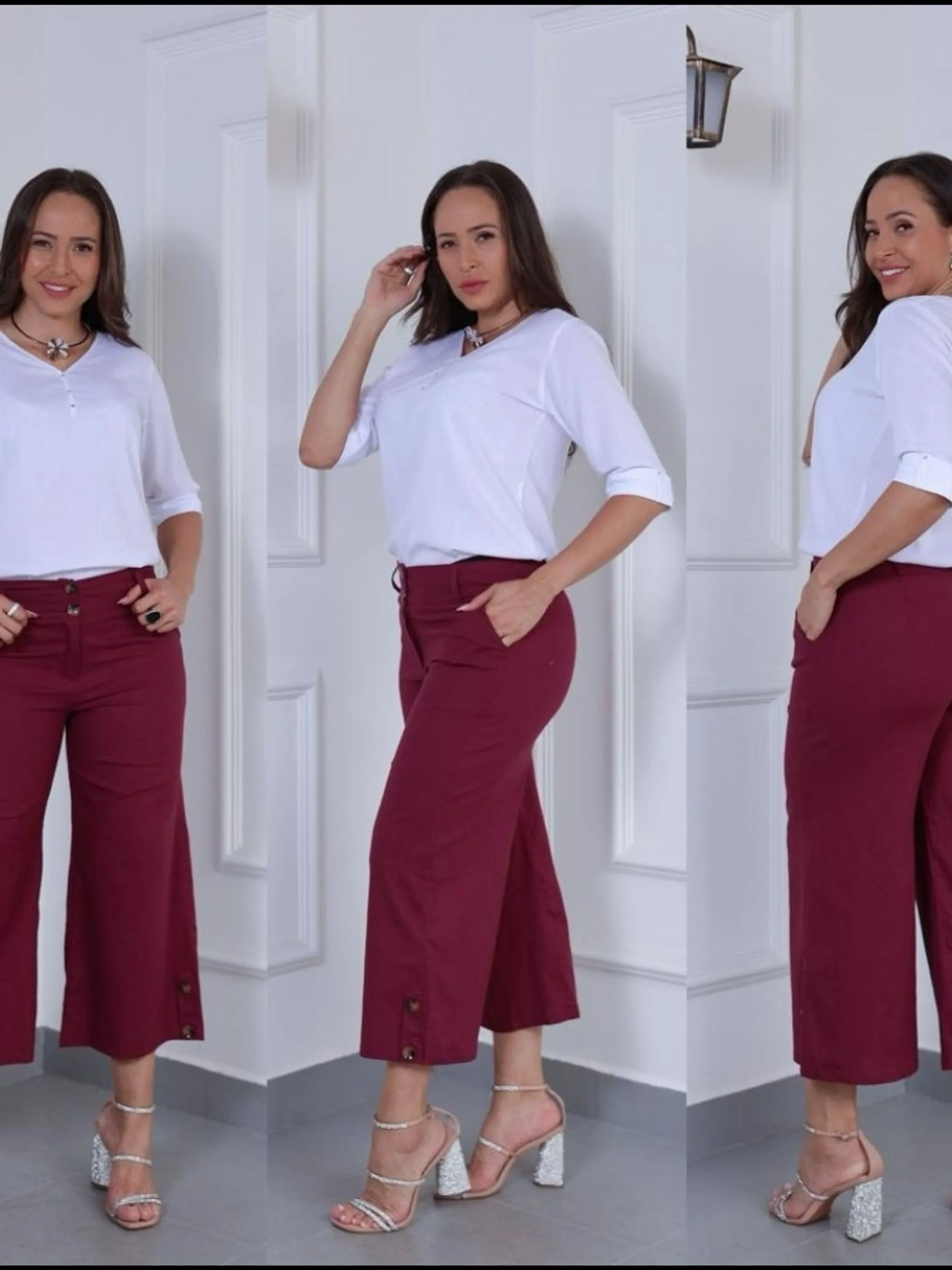 Pantacour em Linho com bolsos moda casual tendencia femenino contem botoes na perna