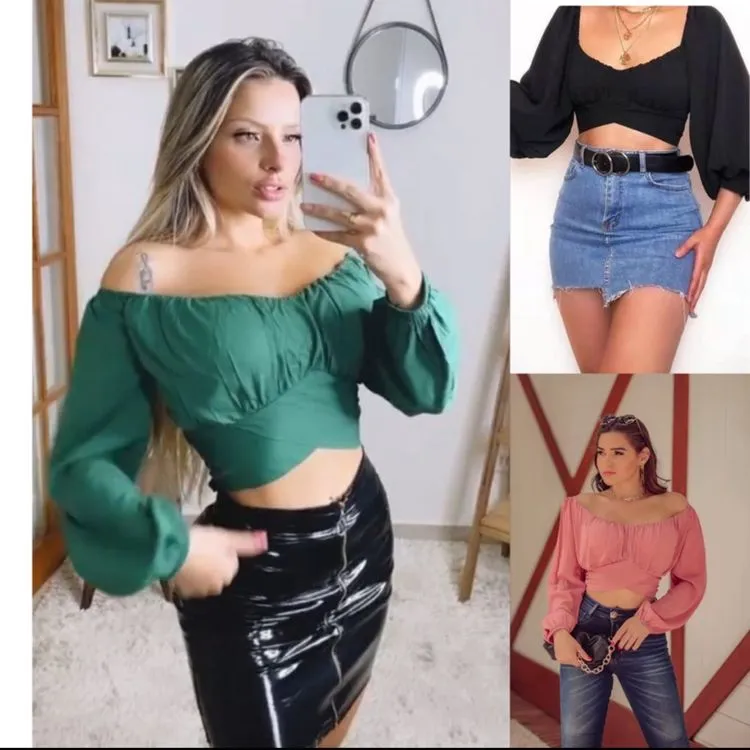 Blusa cropped manga longa tecido viscose com bojo Maya modas