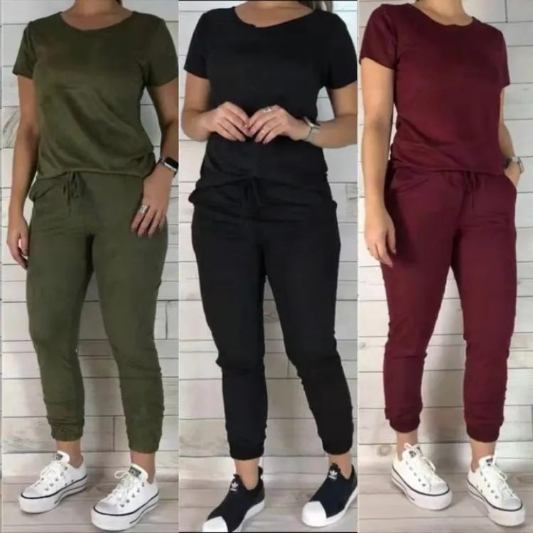 Conjunto suéde manga curta calça jogger com bolso tecido suéde Maya modas