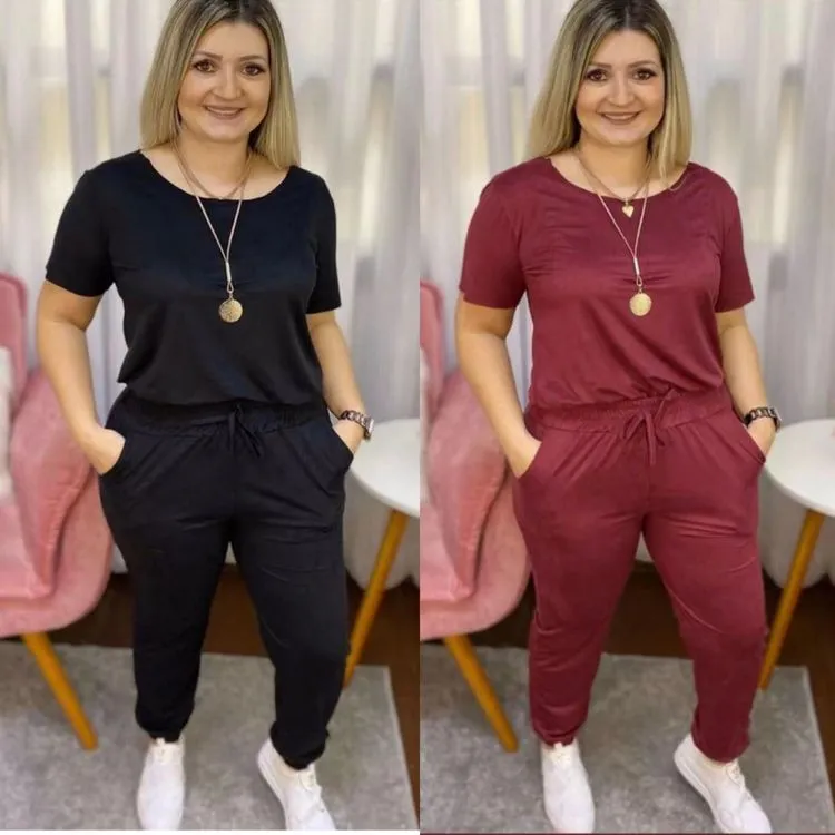 Conjunto suéde manga curta calça jogger com bolso Maya Modas