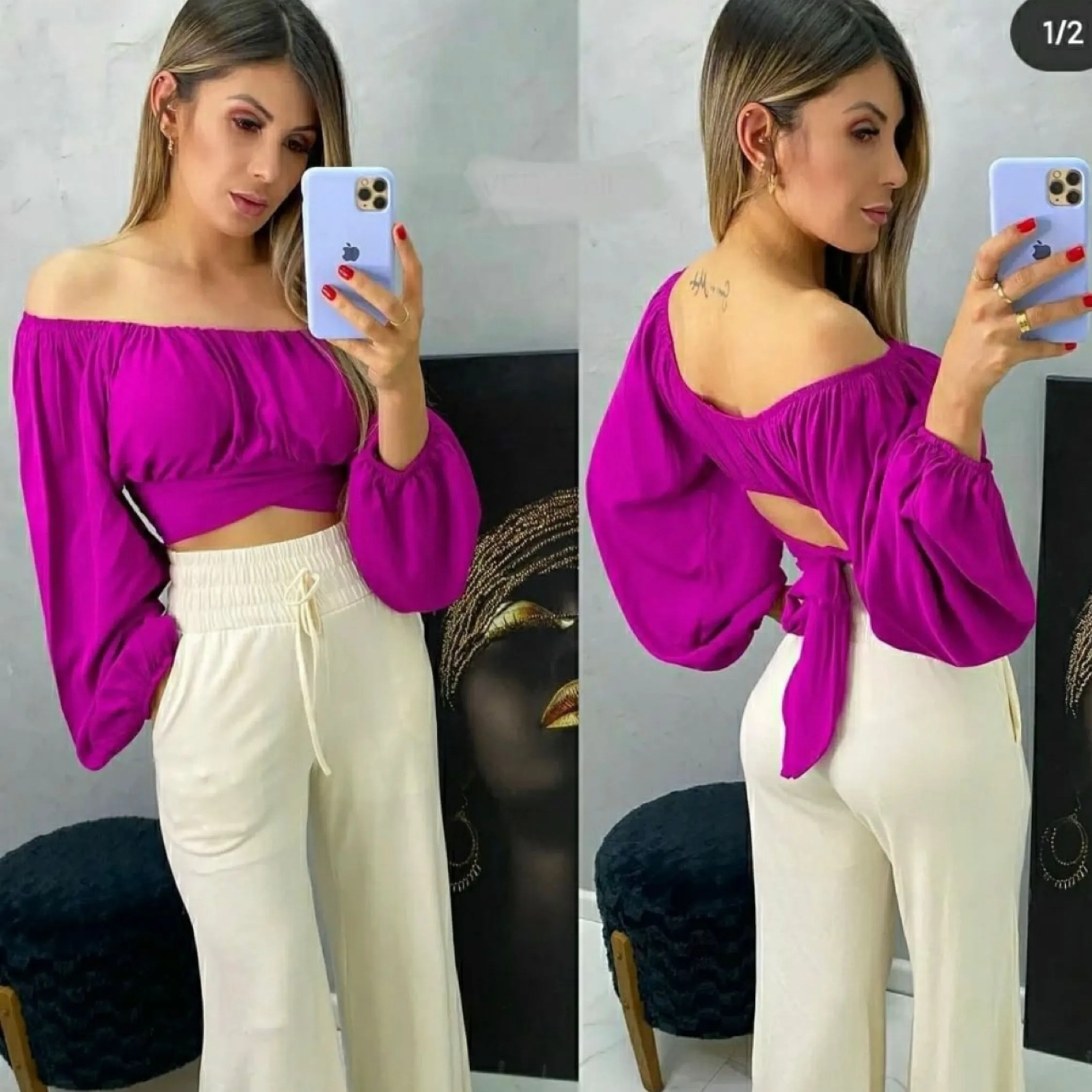 Blusa manga longa tecido viscose com bojo Maya modas