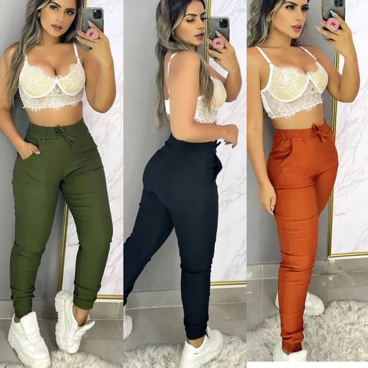 Calça jogger com bolso tecido bengaline estica Maya modas