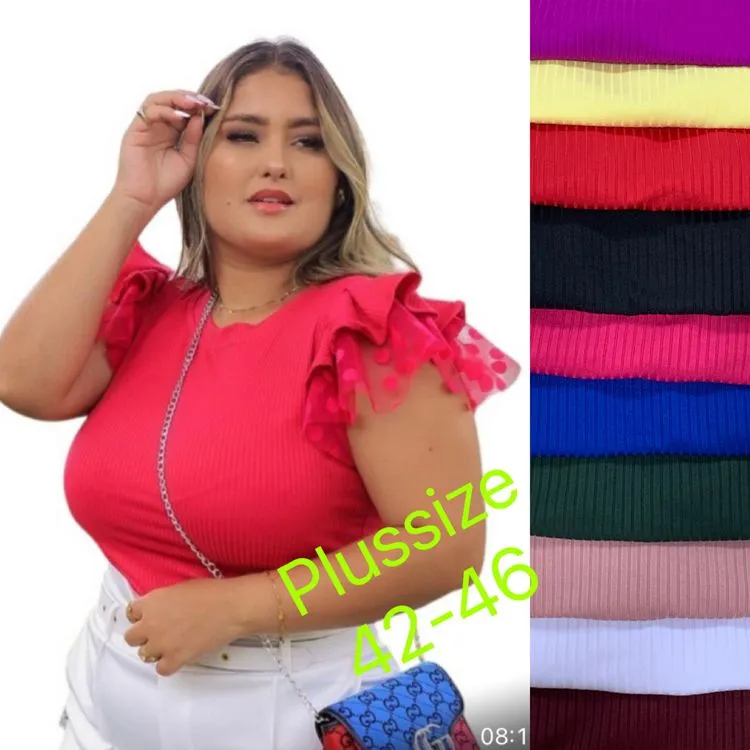 Plussize  Blusa manga curta tecido canelada estica Maya modas