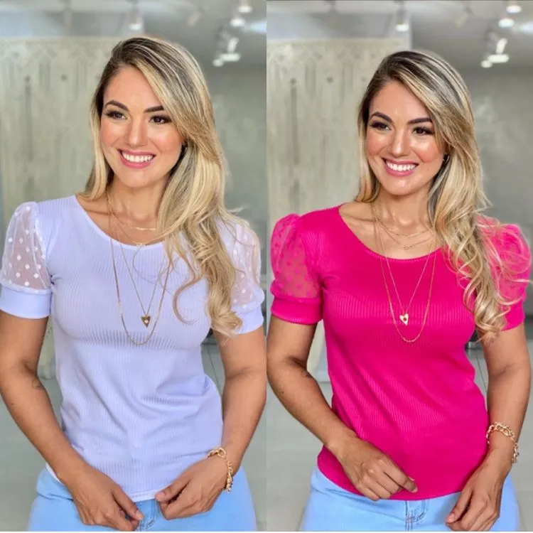 Blusa manga curta tecido canelada estica Maya modas