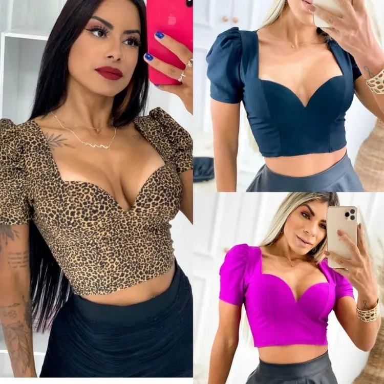 Blusa cropped tecido poliamida com bojo estica Maya modas