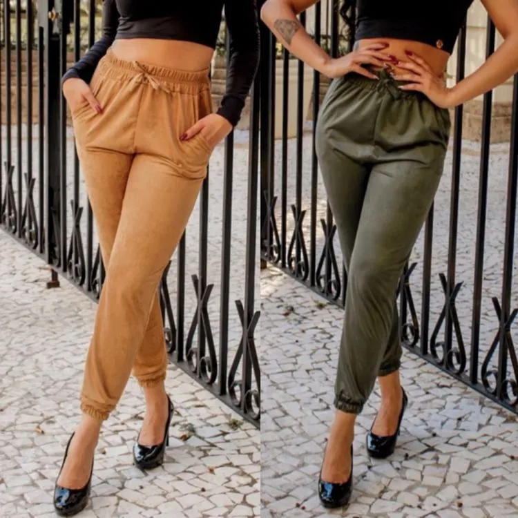 Calça jogger com bolso tecido suéde Maya modas