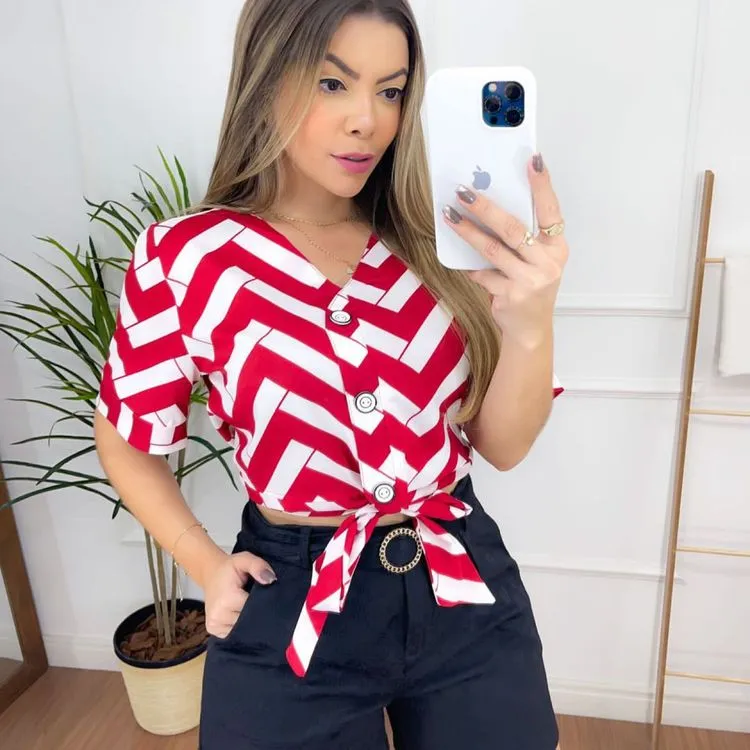 Blusa  feminina manga curta estampada  de Amarrar #T8910