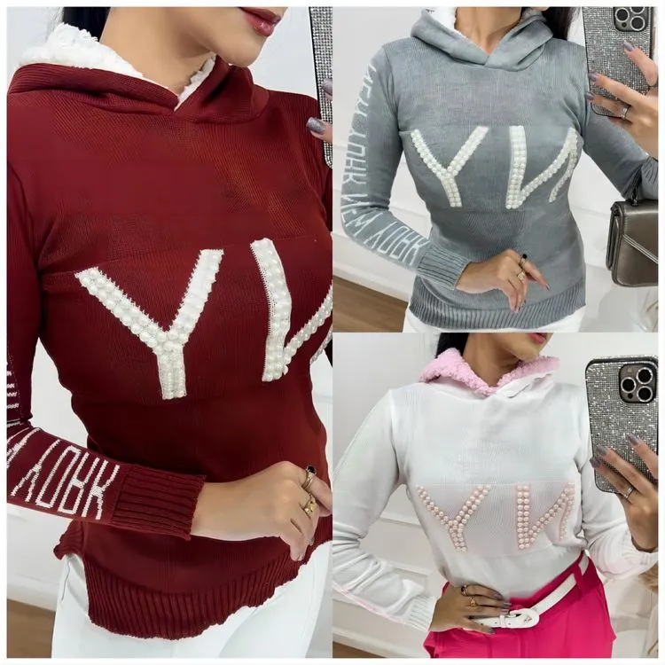 Blusa tricot de frio com touca e manga longa feminino modelo novo 2023