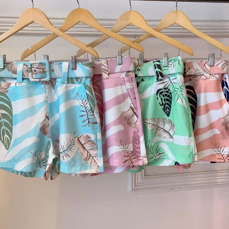 Shorts feminino estampado com folhas#My179