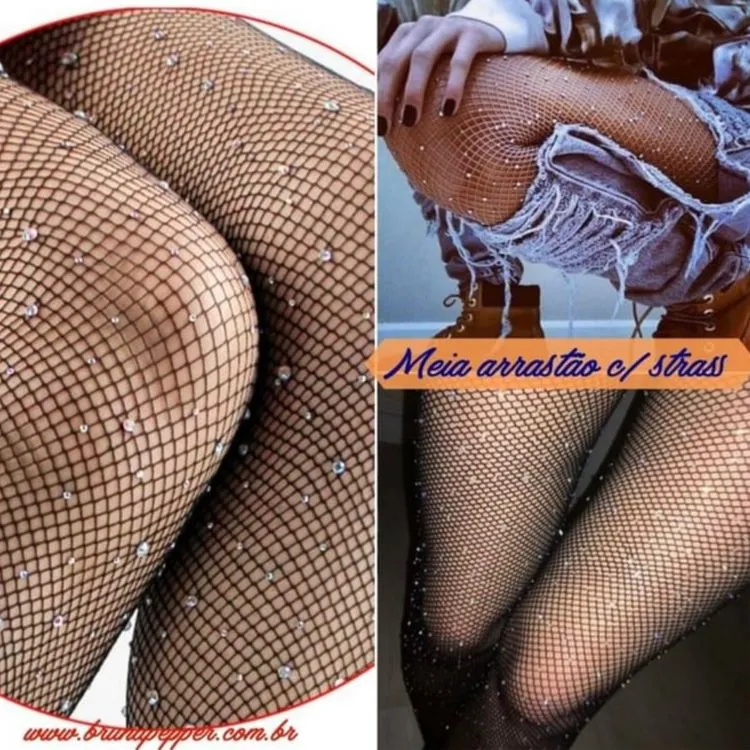 Meia calça arrastão com strass de brilho adulto feminino