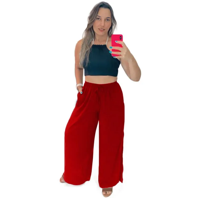 Calça vermelha feminina pantalona ref. 022