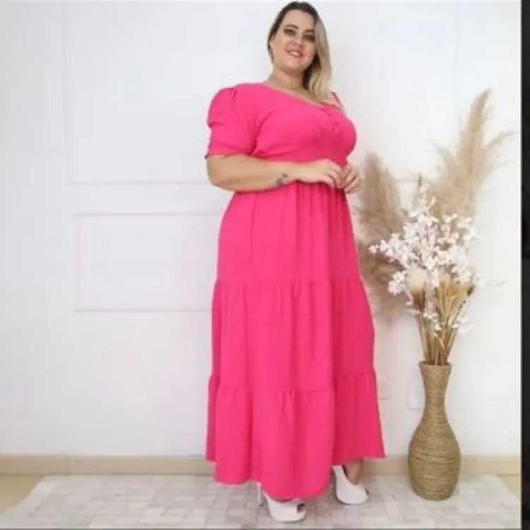 Vestido longo pipoca Plus size com detalhe