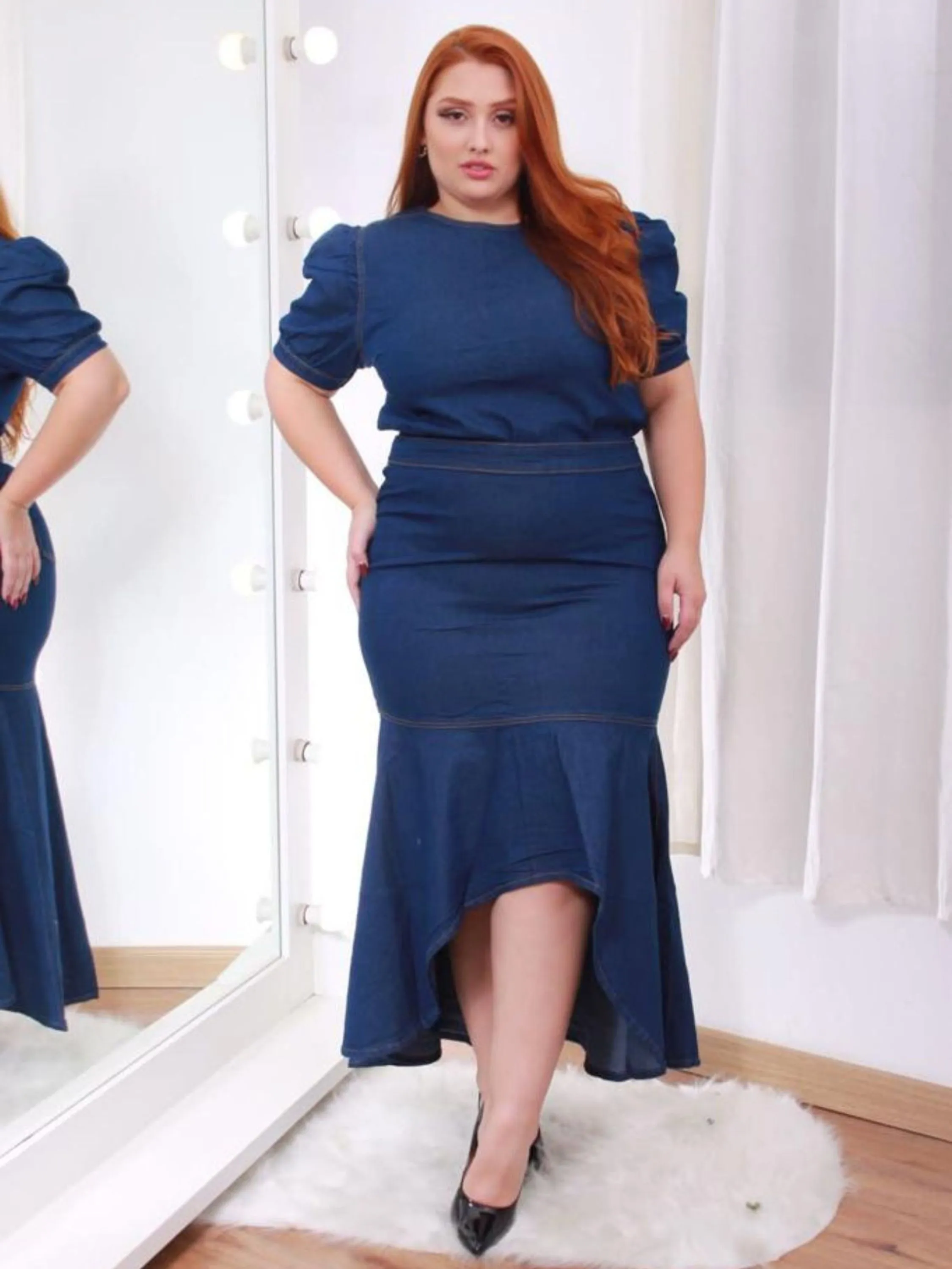 Conjunto Mulet Saia e Croped C/ Lycra Plus Size - moda feminina