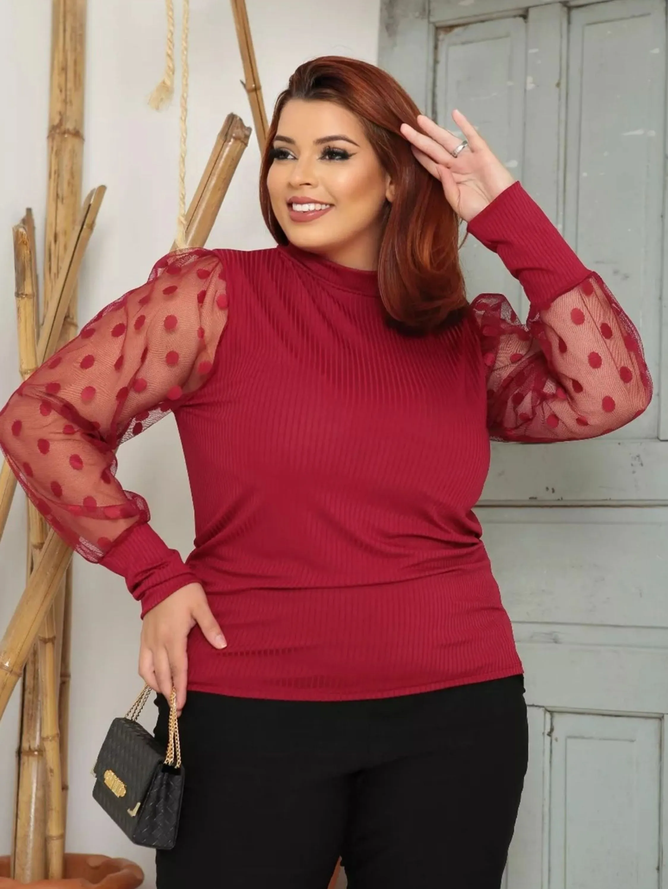 Blusa Plus Size Manga Tule Póa Canelada