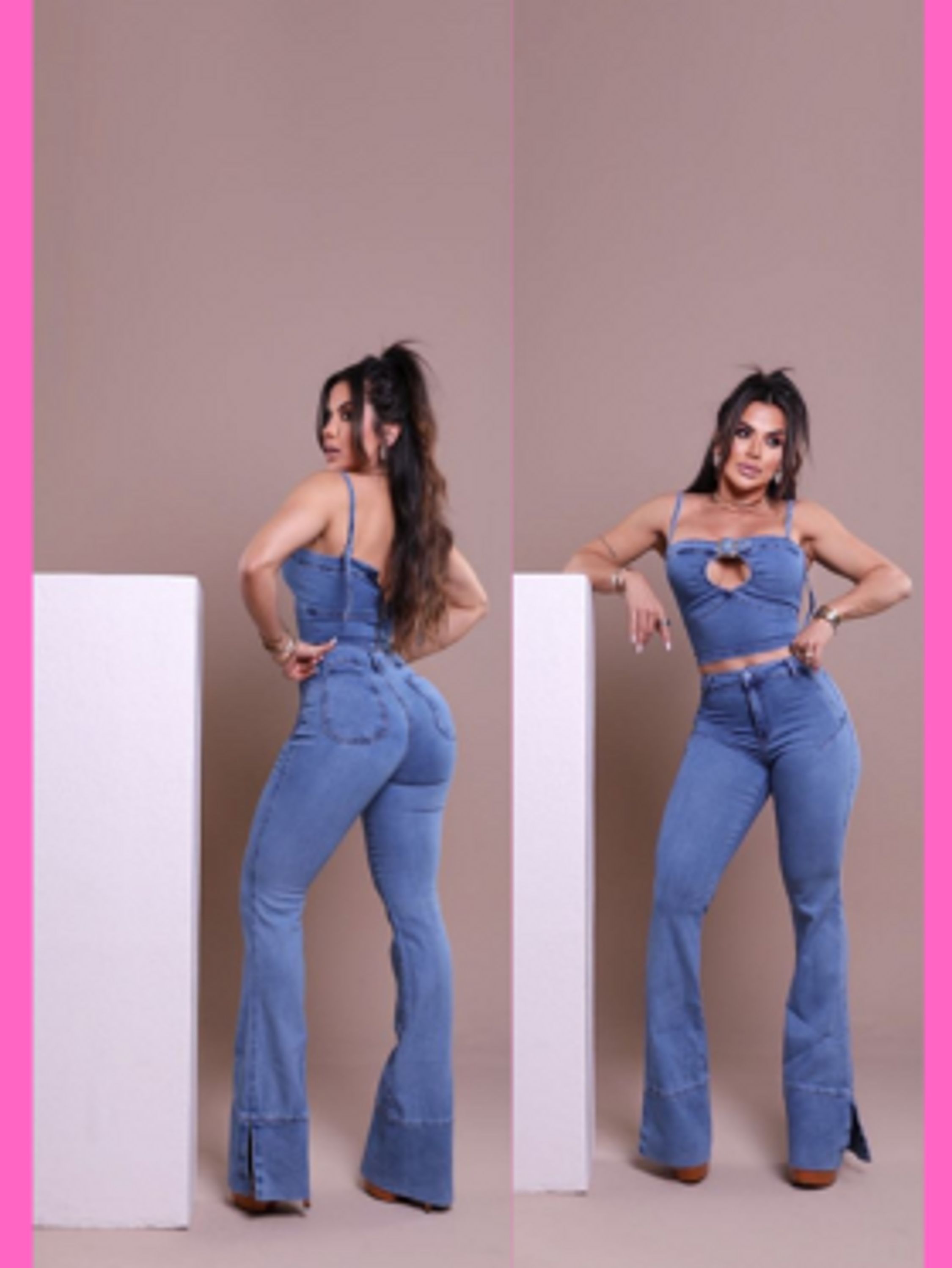 CONJUNTO JEANS CROPPED E CALÇA SLIM COM ABERTURA NAS LATERAIS