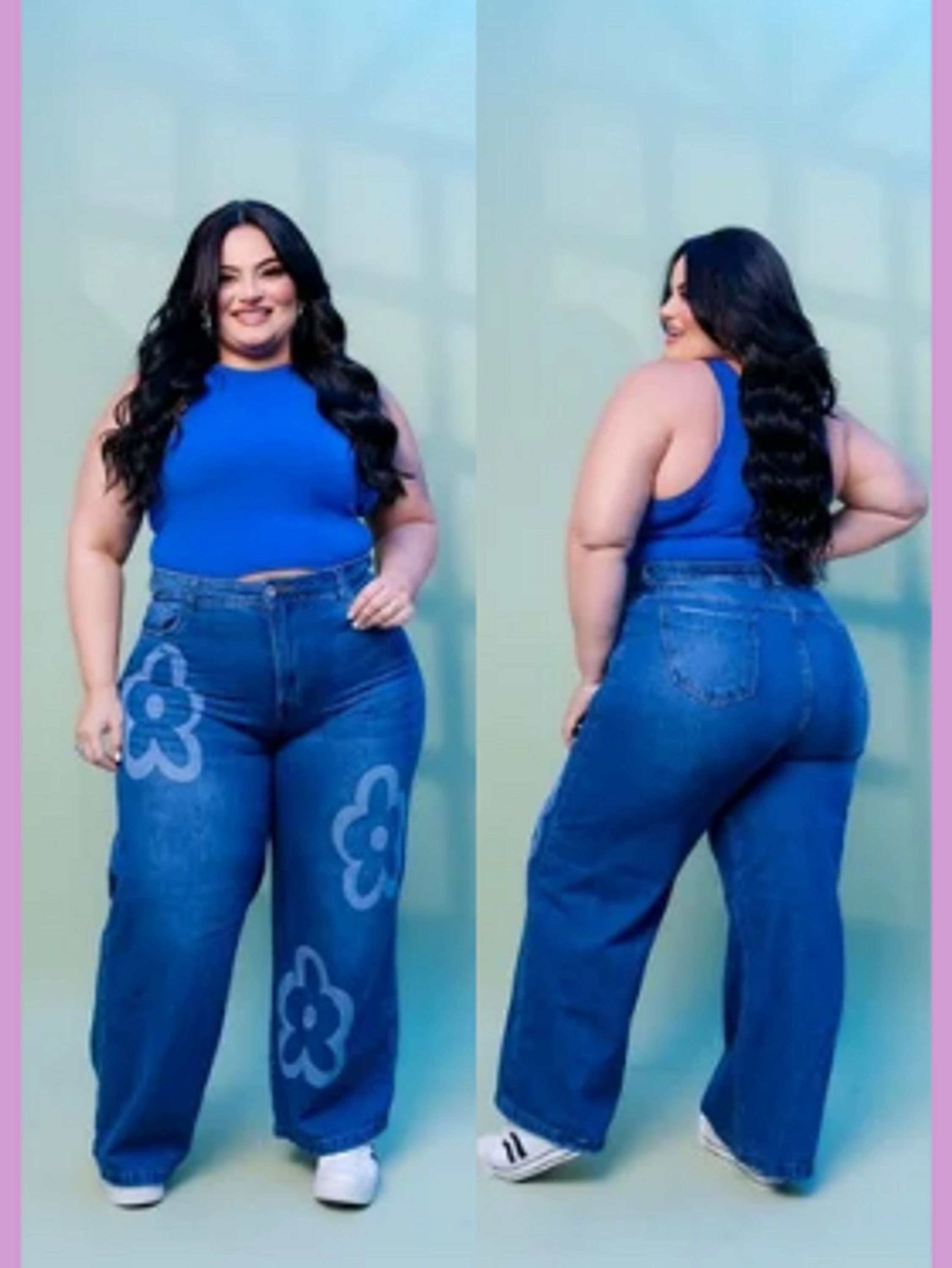 CALÇA WIDE LEG PLUS SIZE COM FLORES NA PARTE FRONTAL,SEM LYCRA,