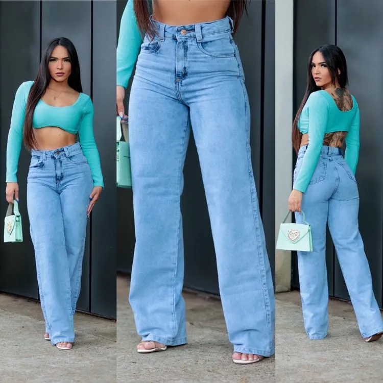 Calça Jeans Wide Leg Pantalona - Jeans Sky