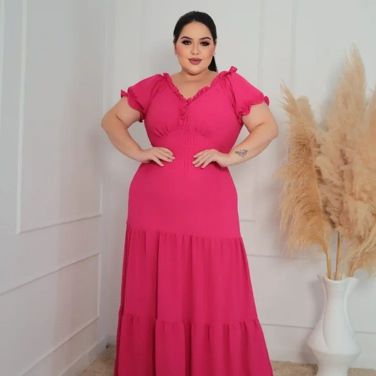 Vestido Plus size longo Duna com forro veste do 46 ao 52