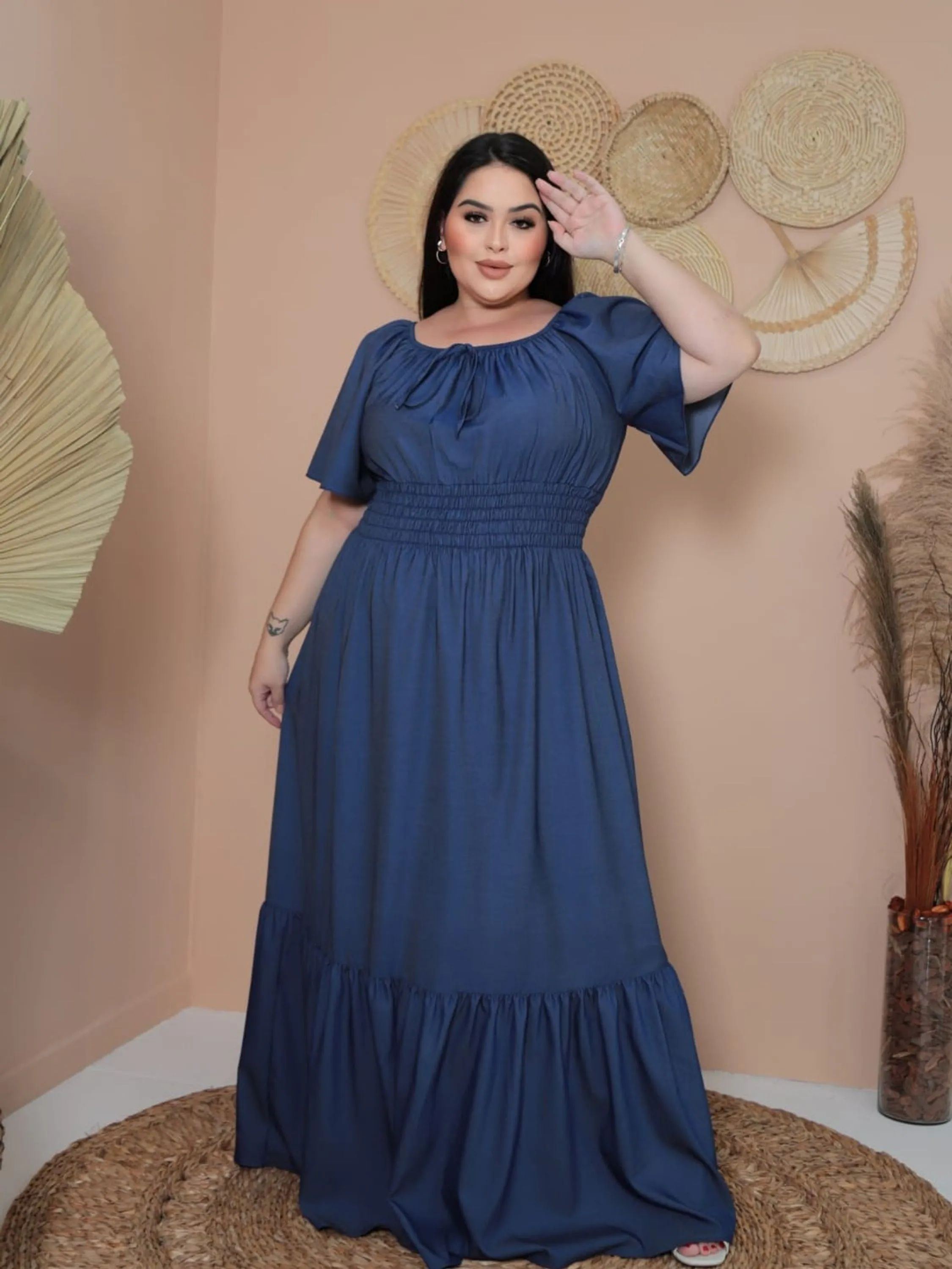 Vestido longo Plus Size com elastex viscolinho veste ate 52