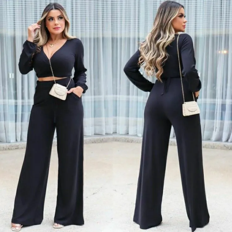 Conjunto Vivi Calça Pantalona com Bolso + Cropped Manga Longa com elástico na manga - Naluna Modas