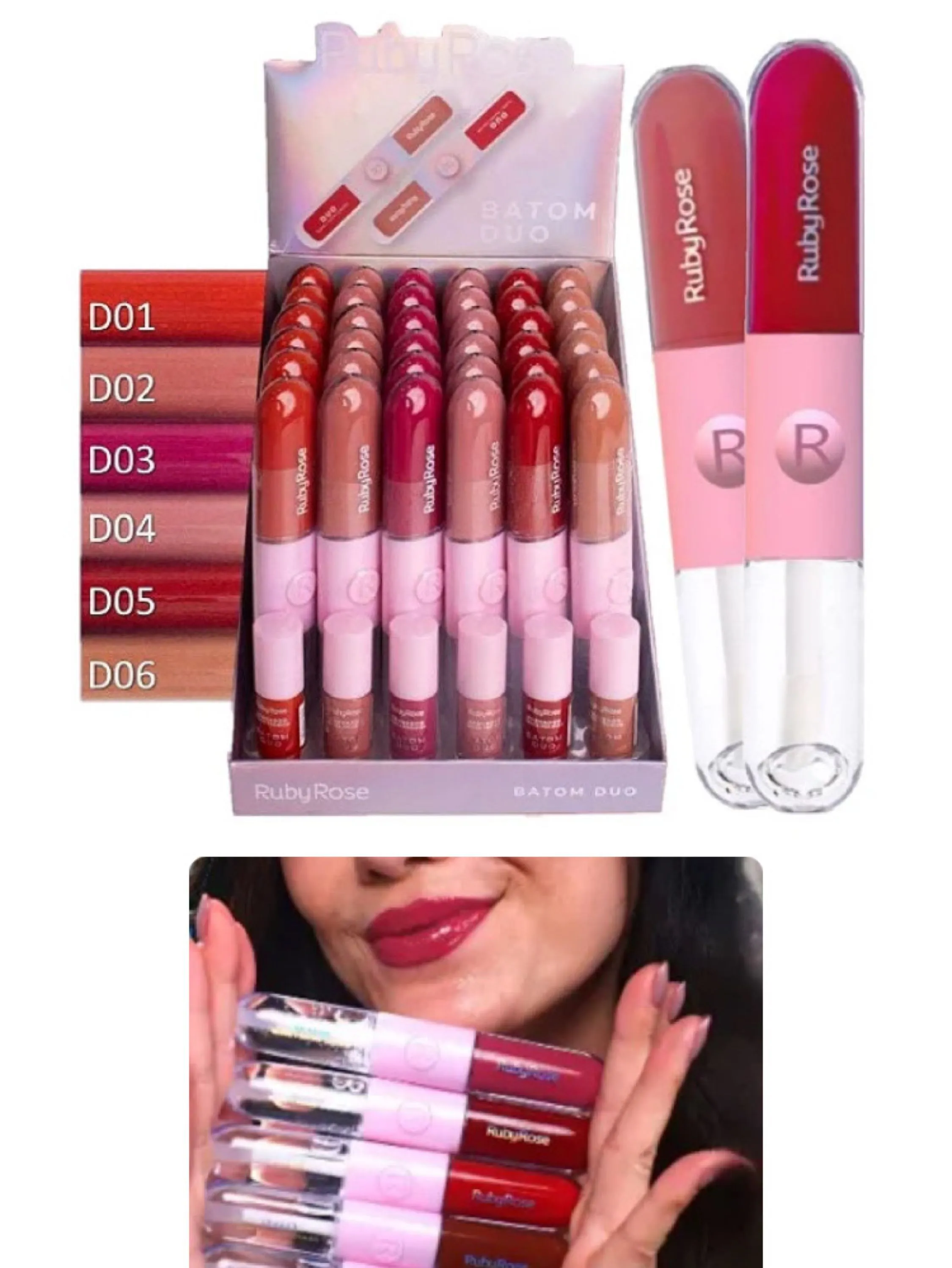 BOX c/36 Batom 2 em 1 Duo RUBY ROSE - Naluna Makeup