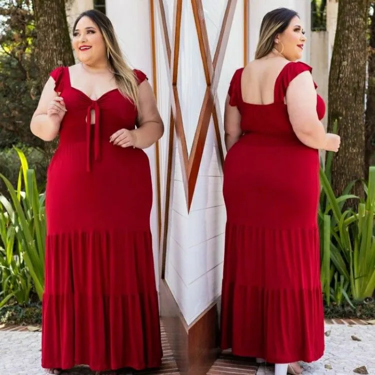 Vestido Longo Monique PLUS SIZE Lastex nas costas com BOJO (Veste até tamanho 50) - Naluna Modas