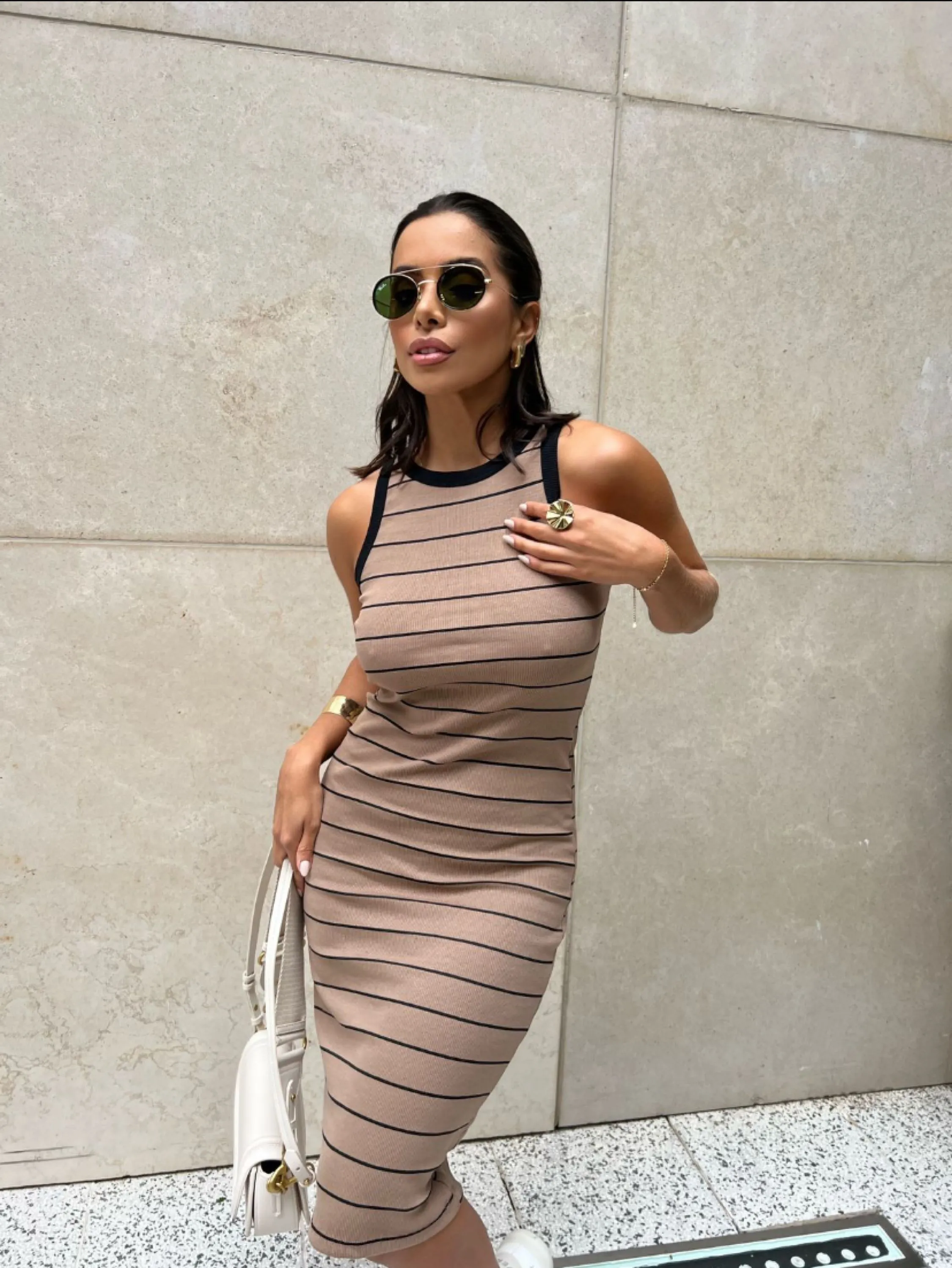 Vestido regata Midi listrado tecido Ribana tamanho único