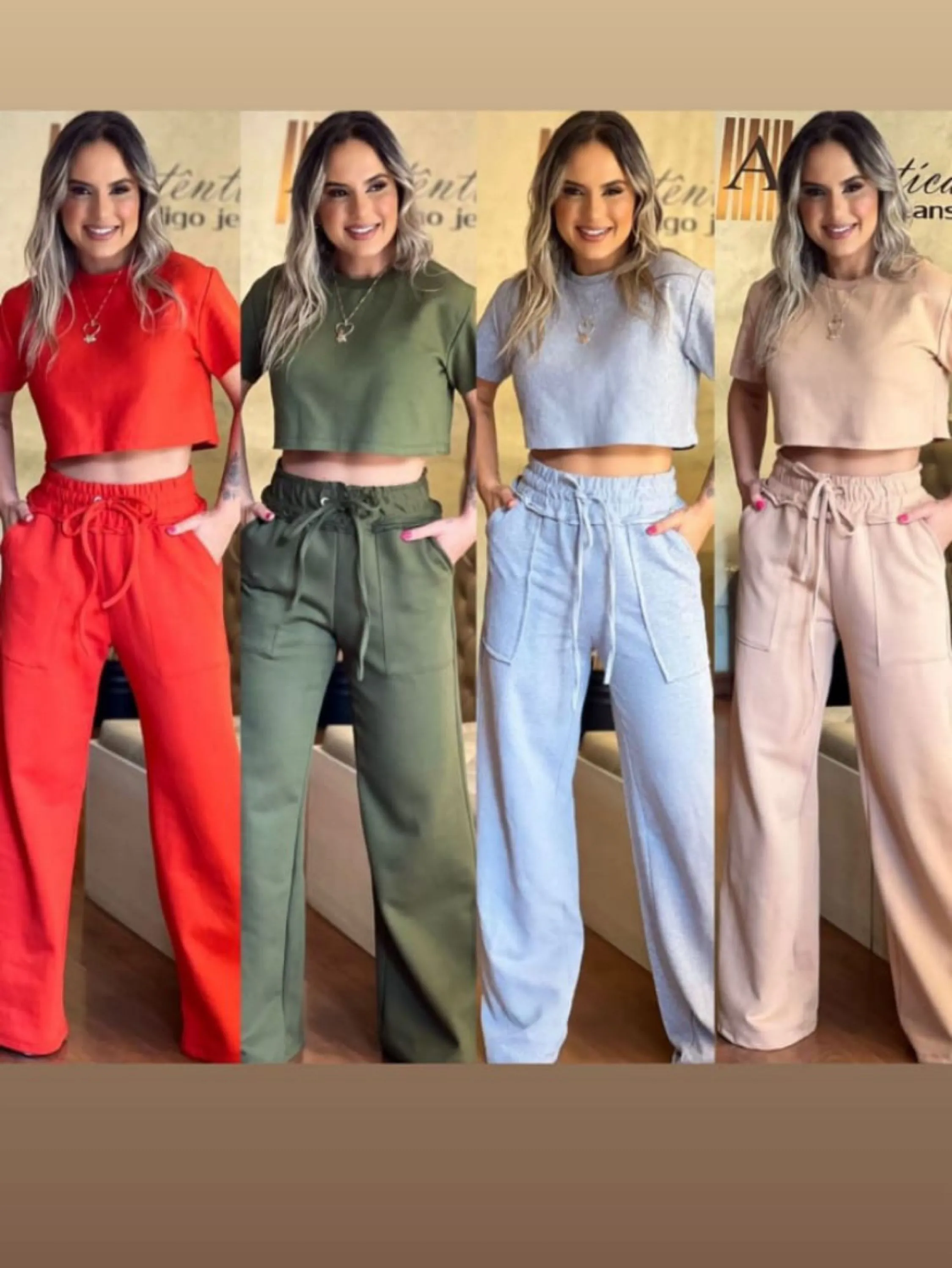 Conjunto Cropped manguinha e calça Pantalona cos,tamanho único