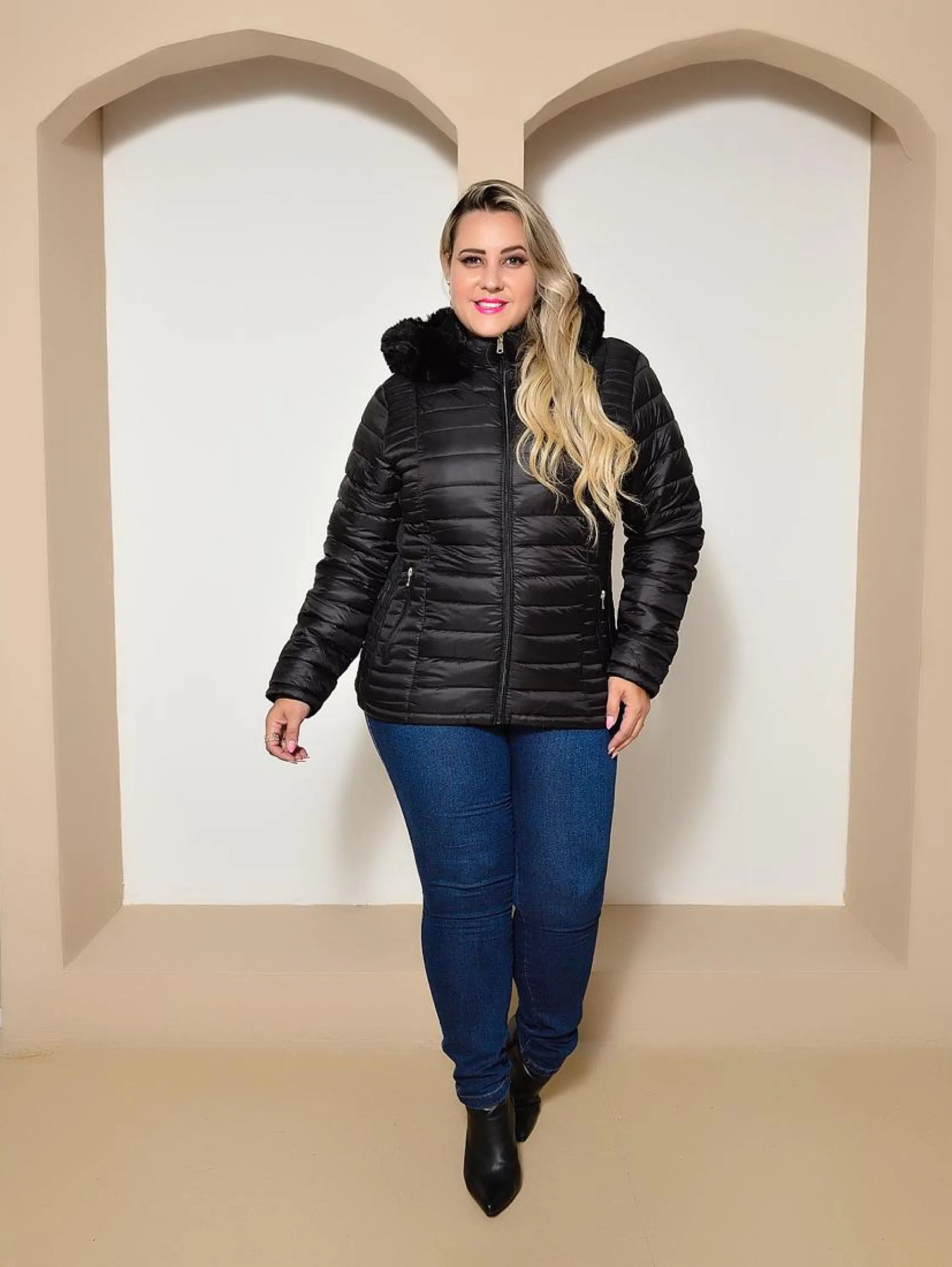 Jaqueta de Nylon Feminina estilosa moda Plus Size inverno conforto e elegância Fashion - PlussizePreto