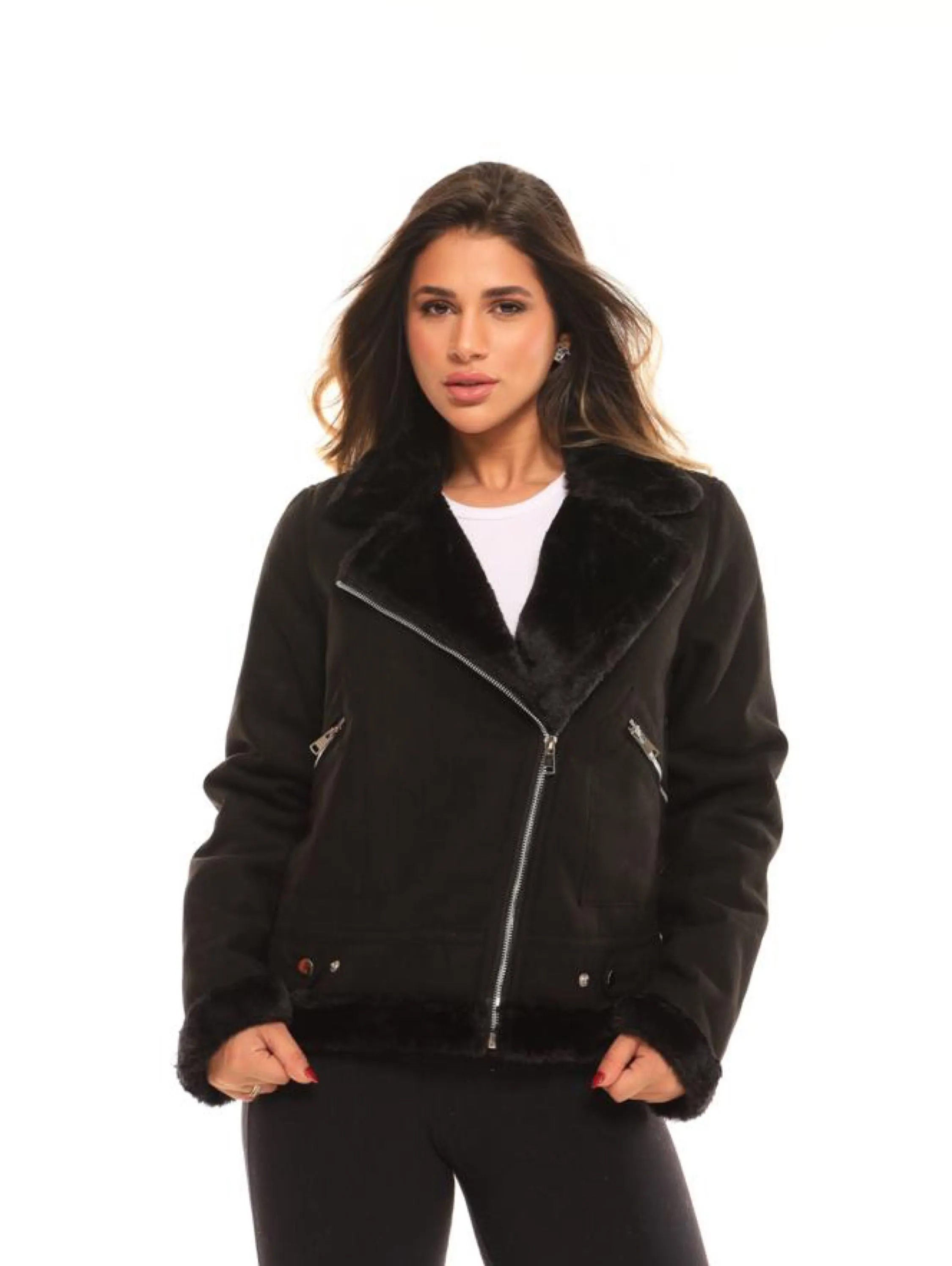 Jaqueta feminina Chamois forrada com gola lapela Zip Up moda Blogueira moderna inverno - AL-552